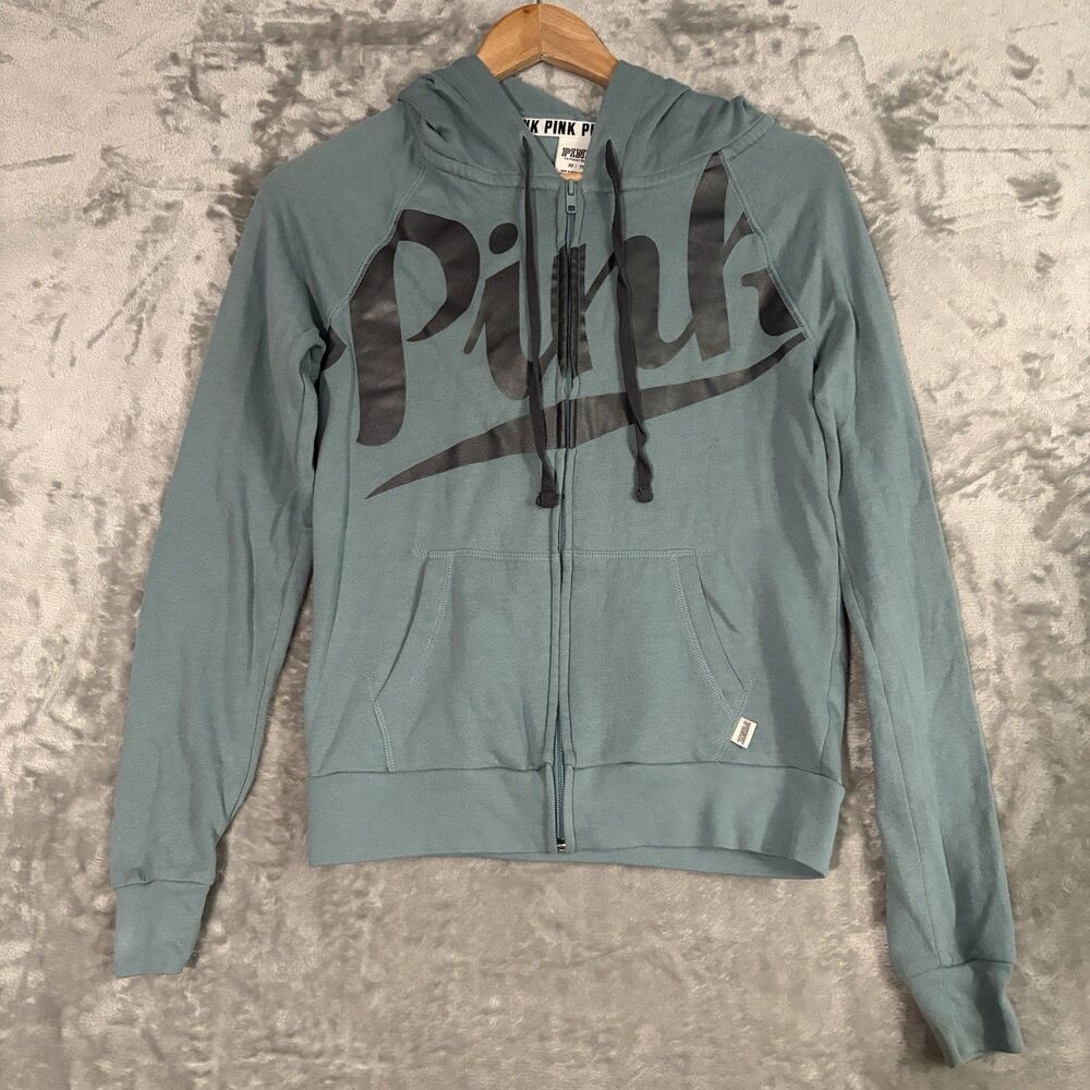 PINK Victoria's Secret Teal Full Zip Hoodie Sweatshirt Logo Aqua Blue XS Y2K